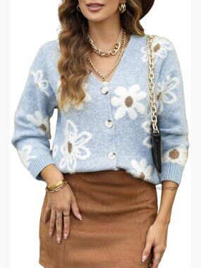 Floral Knit Cardigan Sweater Women's Open Front V-Neck Button Down Long Sleeve
